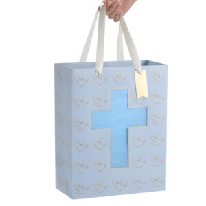 Sawnfay Blue Gift Bag - 10" x 5" x 13", for Baby Boy Baptism, Christening, First Communion, Religious Events, with Cross cut window Design and Tissue Paper