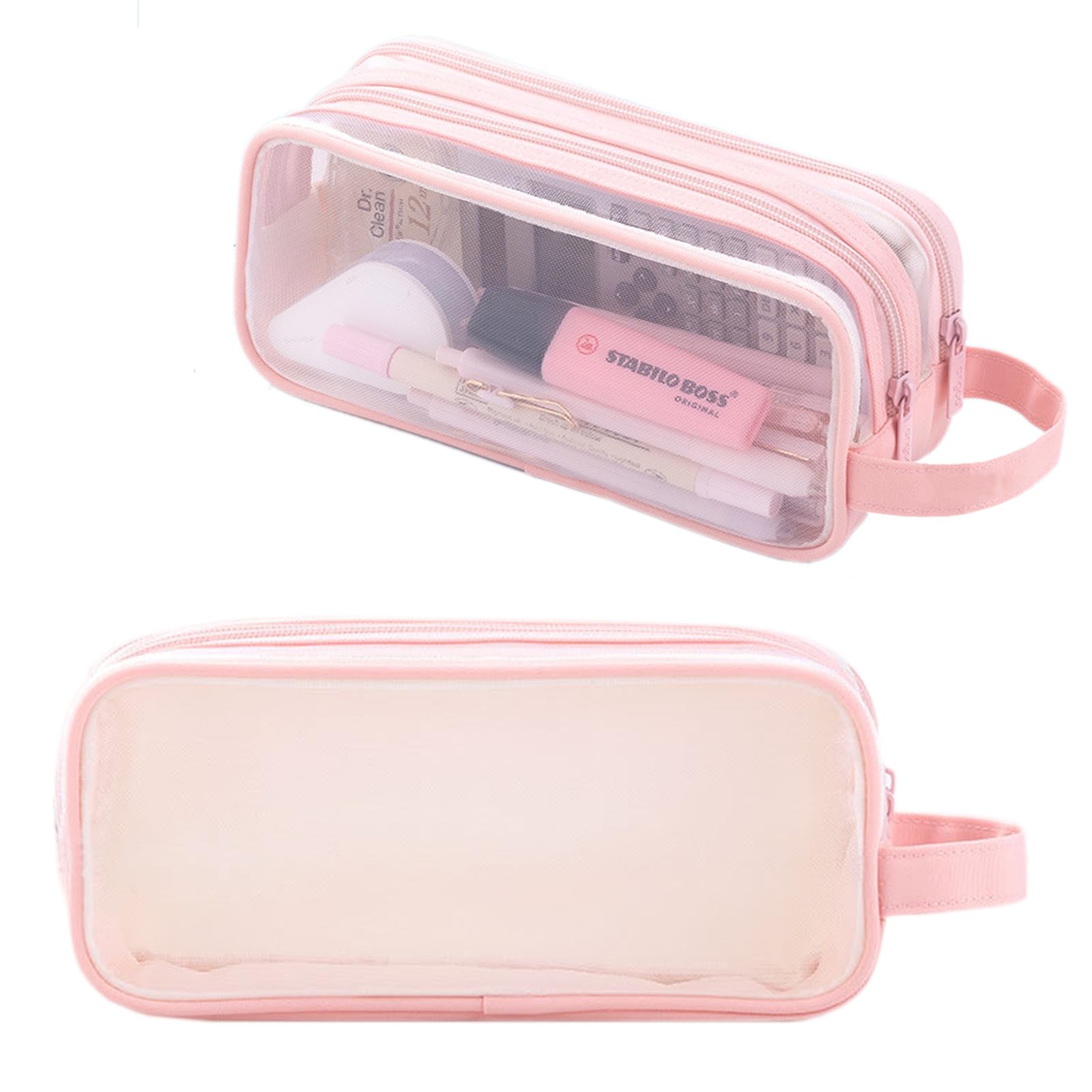 ACEIOT Large Capacity Mesh Pencil Case, Cute Pencil Case for Kids Students, Transparent Makeup Bag, Aesthetic Pencil Case Pouch, Preppy Pencil Case, Pink Pencil Pouch, Stationery Storage Bag