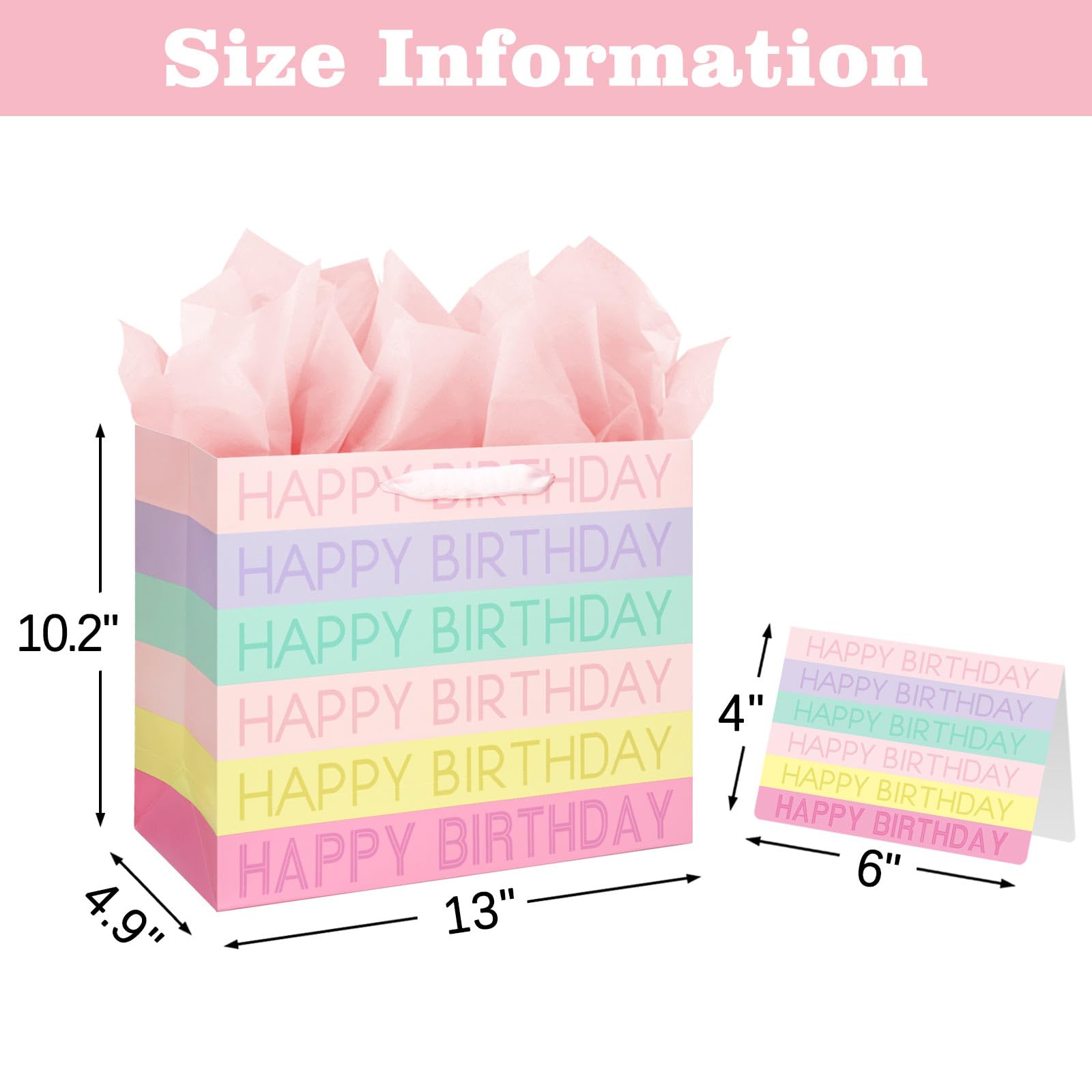 13" Large Happy Birthday Gift Bag with Tissue Paper, Card and Handles for Girls Women Kids Birthday Party (Colorful Stripes)