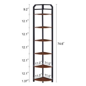 MNEETRUNG Corner Shelf, 6-Tier Industrial Corner Bookshelf, Freestanding Corner Shelf Stand with Metal Frame, Tall Corner Plant Stand for Small Space, Home Office, Living Room, Bedroom, Brown