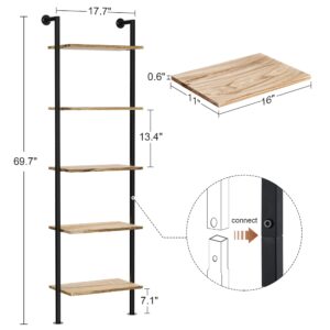 5-Tier Bookshelf Solid Wood Ladder Shelf, Narrow Book shelf Display Shelf, Wooden Ladder Shelf Bookcase, Wall Mount Ladder Shelf, Storage Rack for Living Room, Bedroom, Industrial Style, Rustic Brown