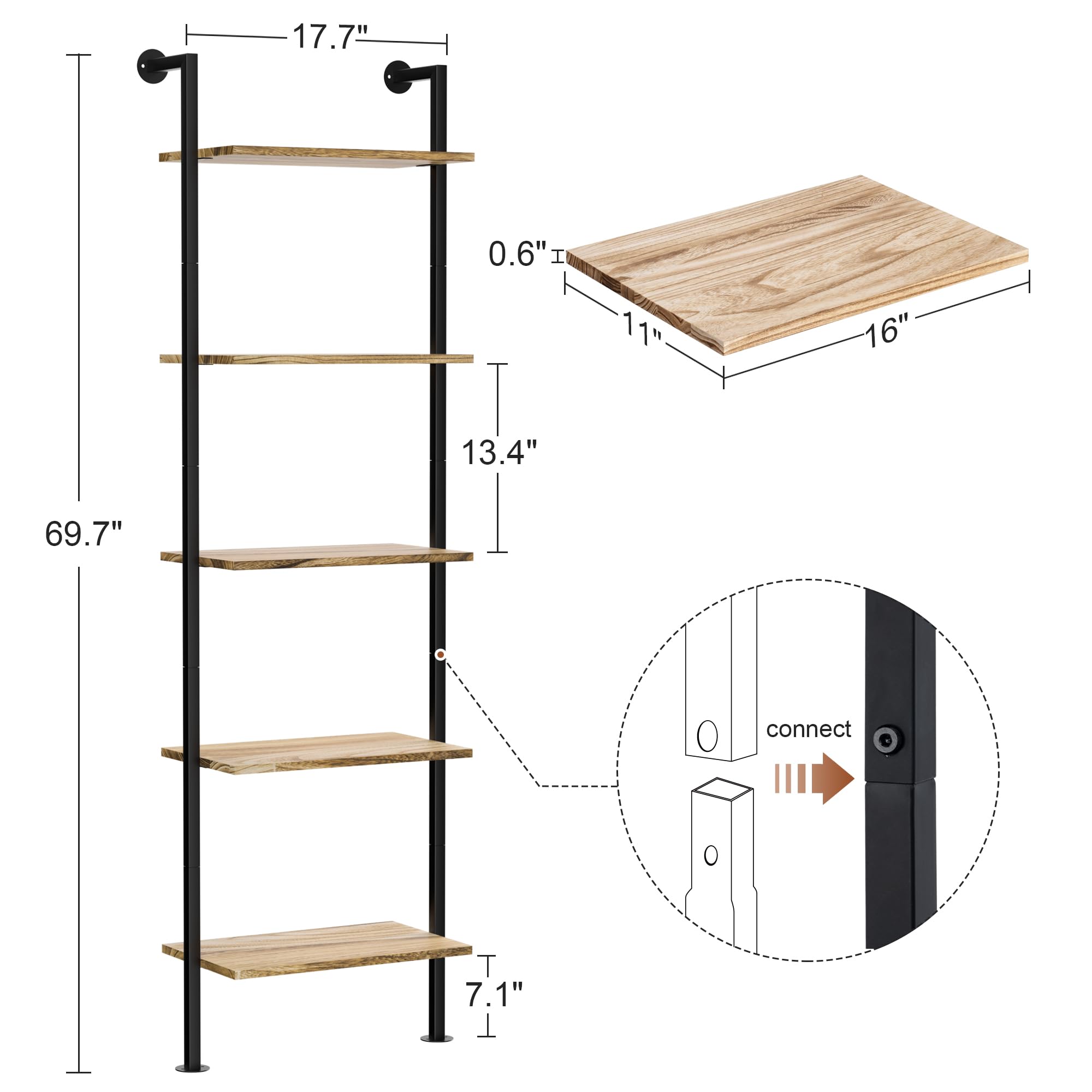 5-Tier Bookshelf Solid Wood Ladder Shelf, Narrow Book shelf Display Shelf, Wooden Ladder Shelf Bookcase, Wall Mount Ladder Shelf, Storage Rack for Living Room, Bedroom, Industrial Style, Rustic Brown