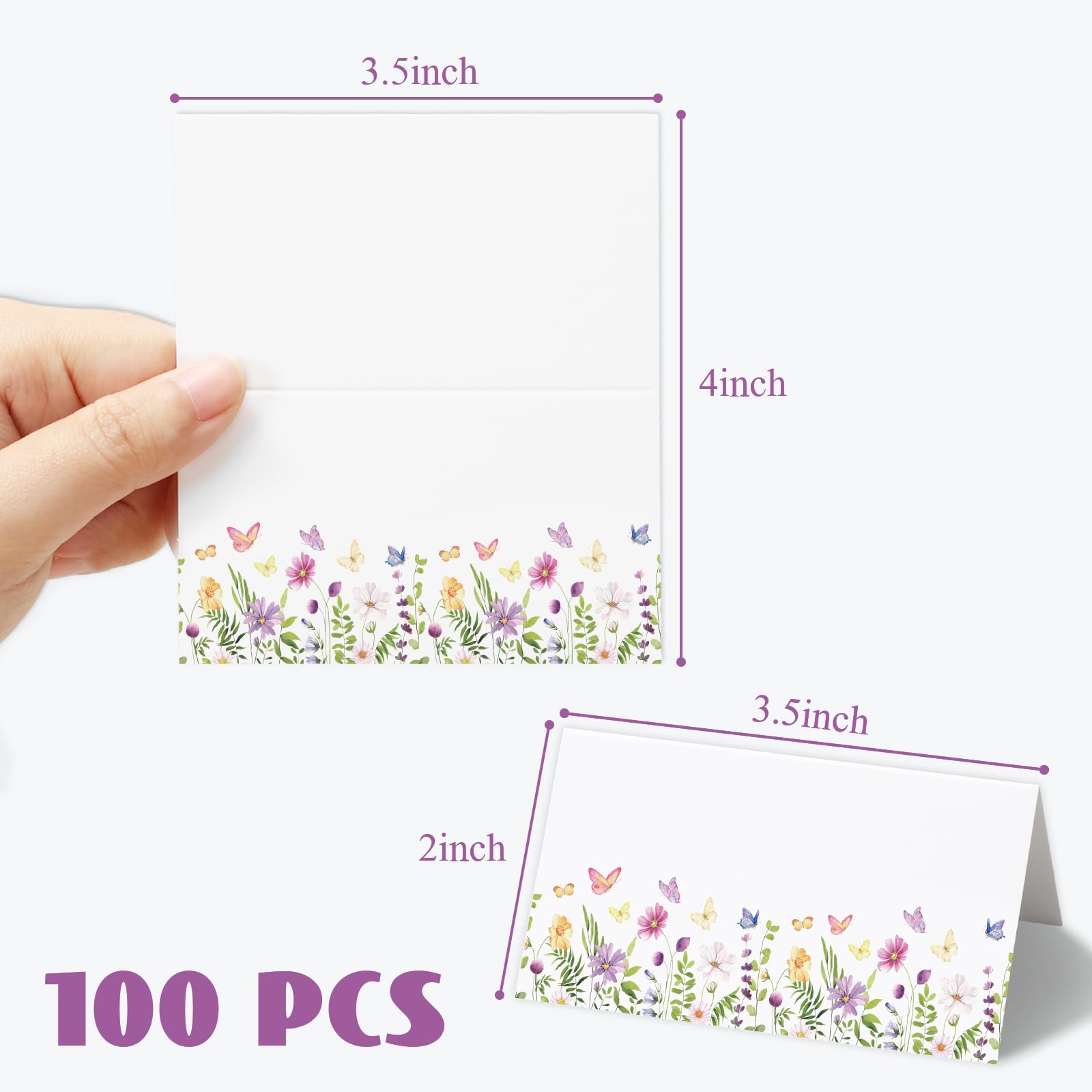 Whaline 100Pcs Floral Place Cards 3.5 x 2 Inch Wildflower Butterfly Tented Cards Seating Cards Blank Table Name Signs for Spring Holiday Buffet Party Table Setting Supplies