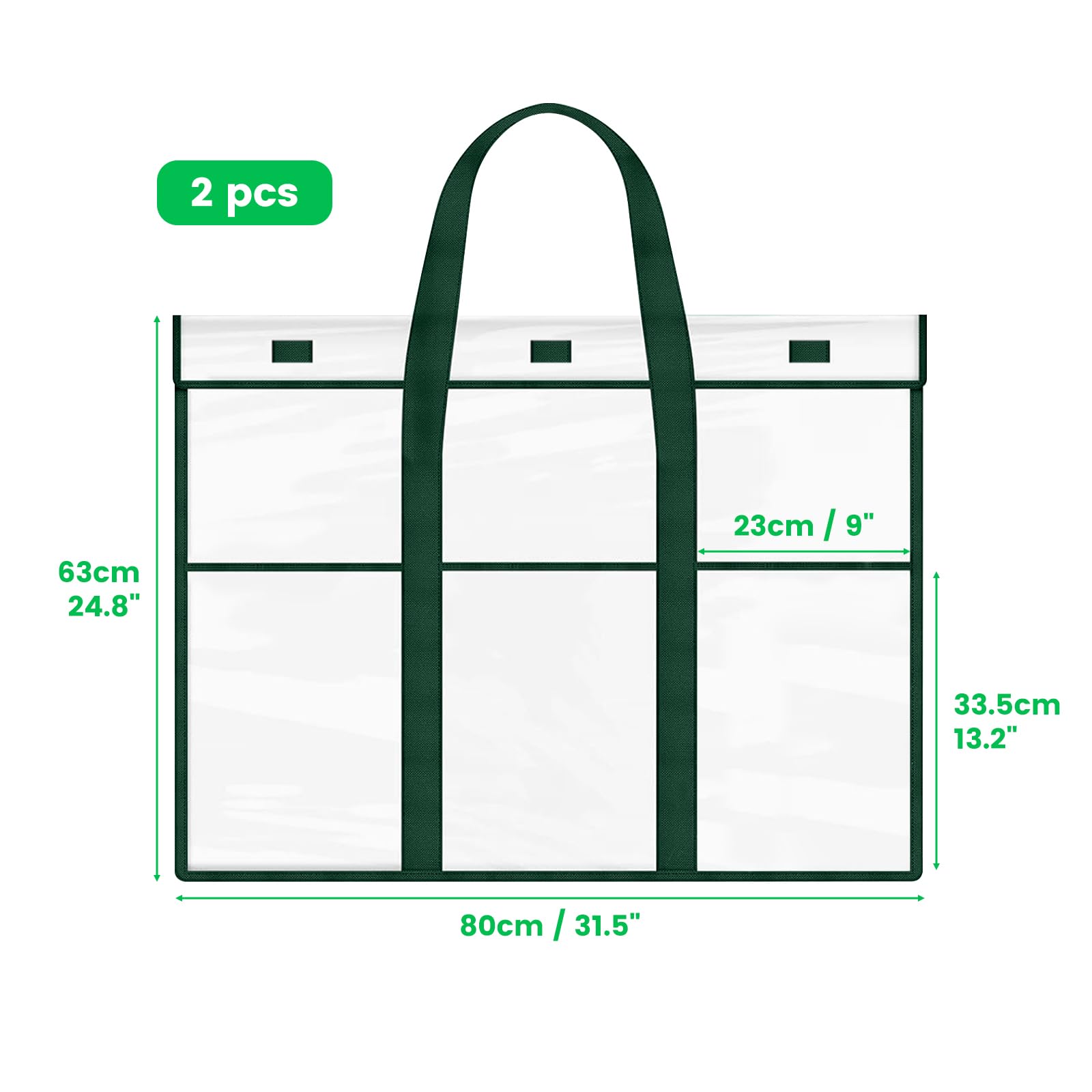 Daily Treasures 2 Pack Large Art Storage Bag with 3 Pocket, (31.5"×25") PVC Art Bags, Dark Green Portfolio Bag with Velcro, Poster Bag for Bulletin Board, Artwork, Flat Poster