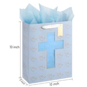 Sawnfay Blue Gift Bag - 10" x 5" x 13", for Baby Boy Baptism, Christening, First Communion, Religious Events, with Cross cut window Design and Tissue Paper