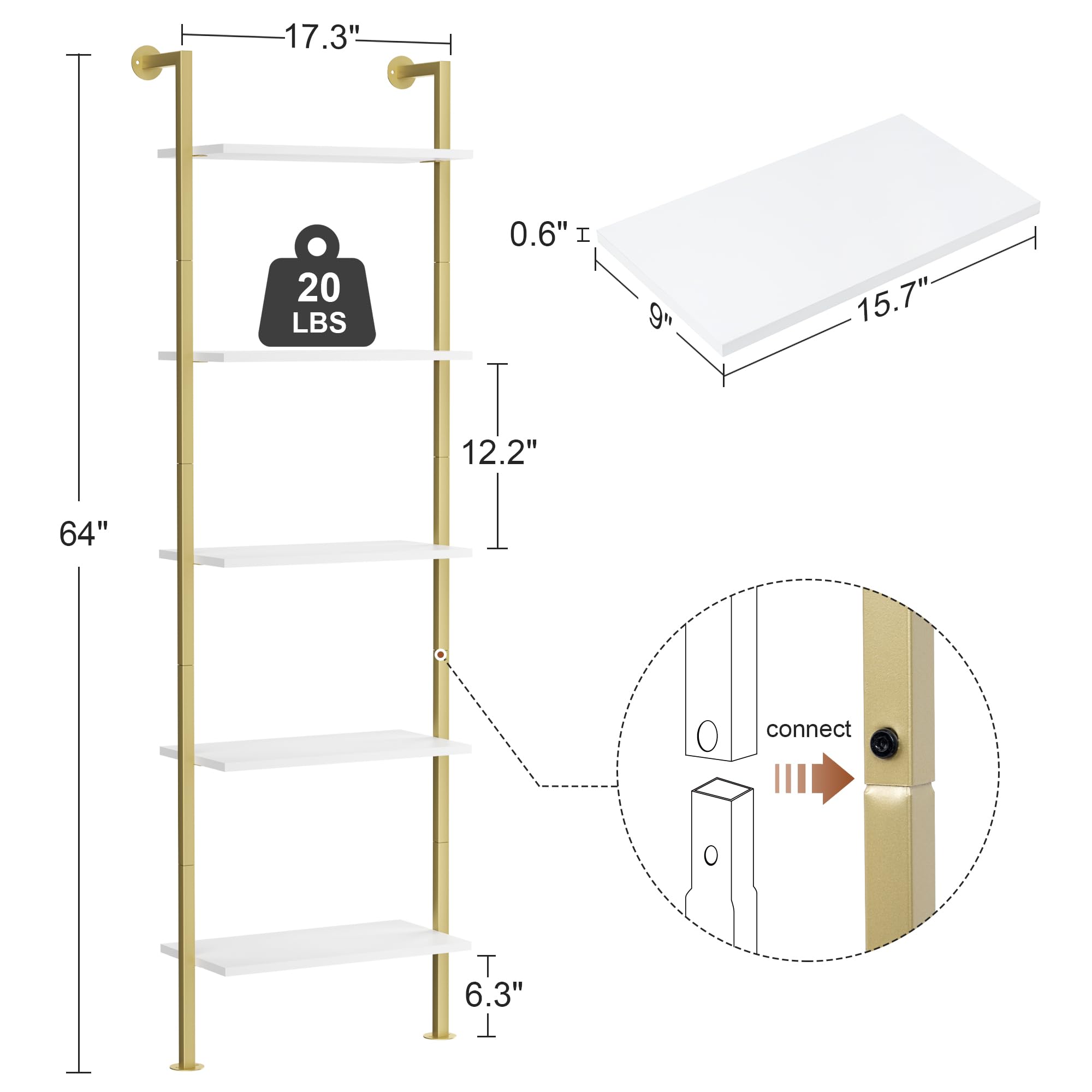 Acovy 5-Tier Bookshelf Solid Wood Ladder Shelf, Narrow Book Shelf Set of 2, Wooden Ladder Shelf Bookcase, Wall Mount Ladder Shelf, Storage Rack for Living Room, Bedroom, Bathroom, White and Gold