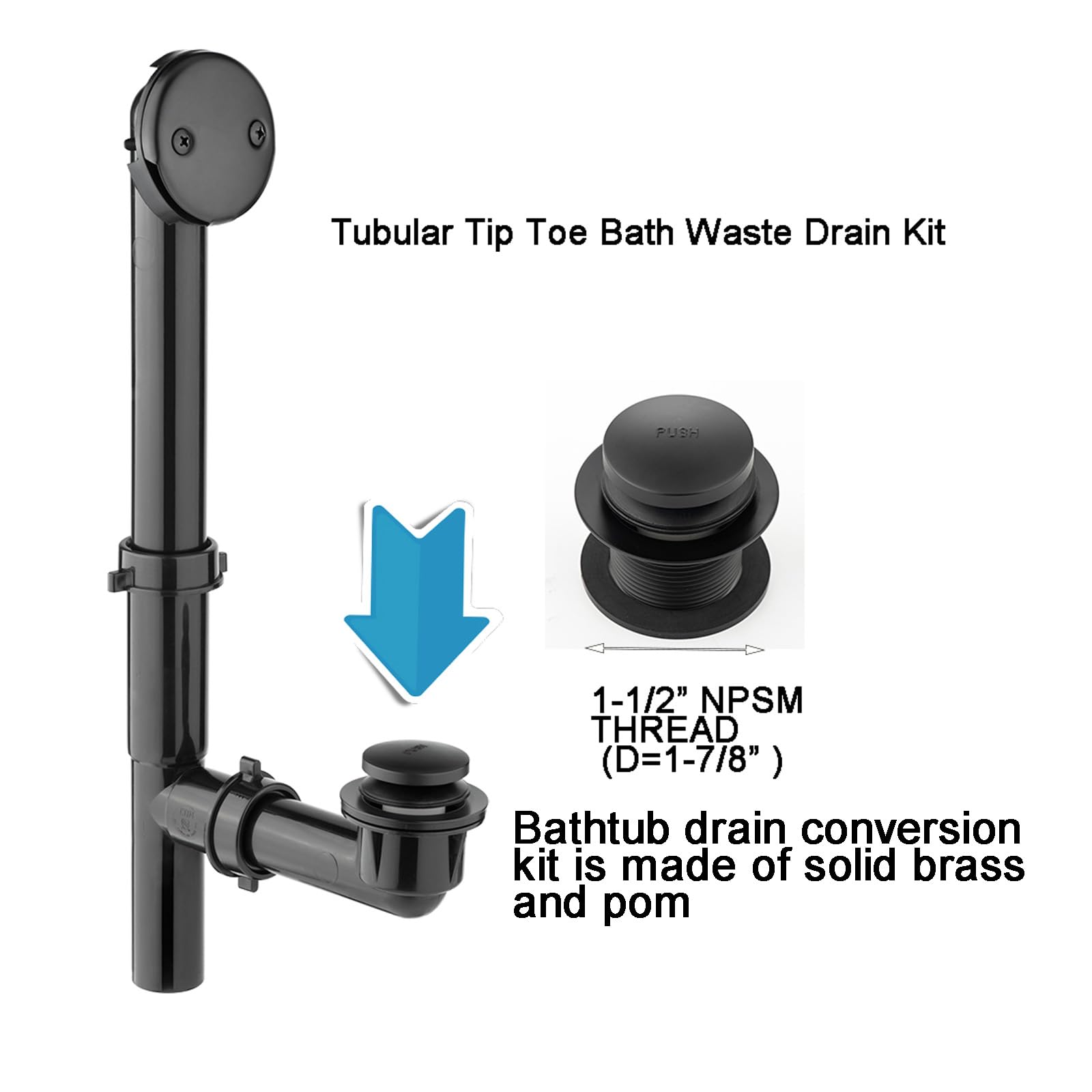 (1 Pack) Yariwiz 1-1/2" Matte Black Bathtub Tub Drain Kit Bath Waste Overflow Drain Tube Assembly with Touch-Toe Tub Drain Stopper and Overflow Faceplate Matte Black