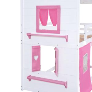 Harper & Bright Designs Full Over Full Bunk Beds for Kids,Wood Sweet Heart Novelty Bunk Bed with Elegant Windows, Sills and Tent,House Bunk Beds for Girls,Boys,Pink+White