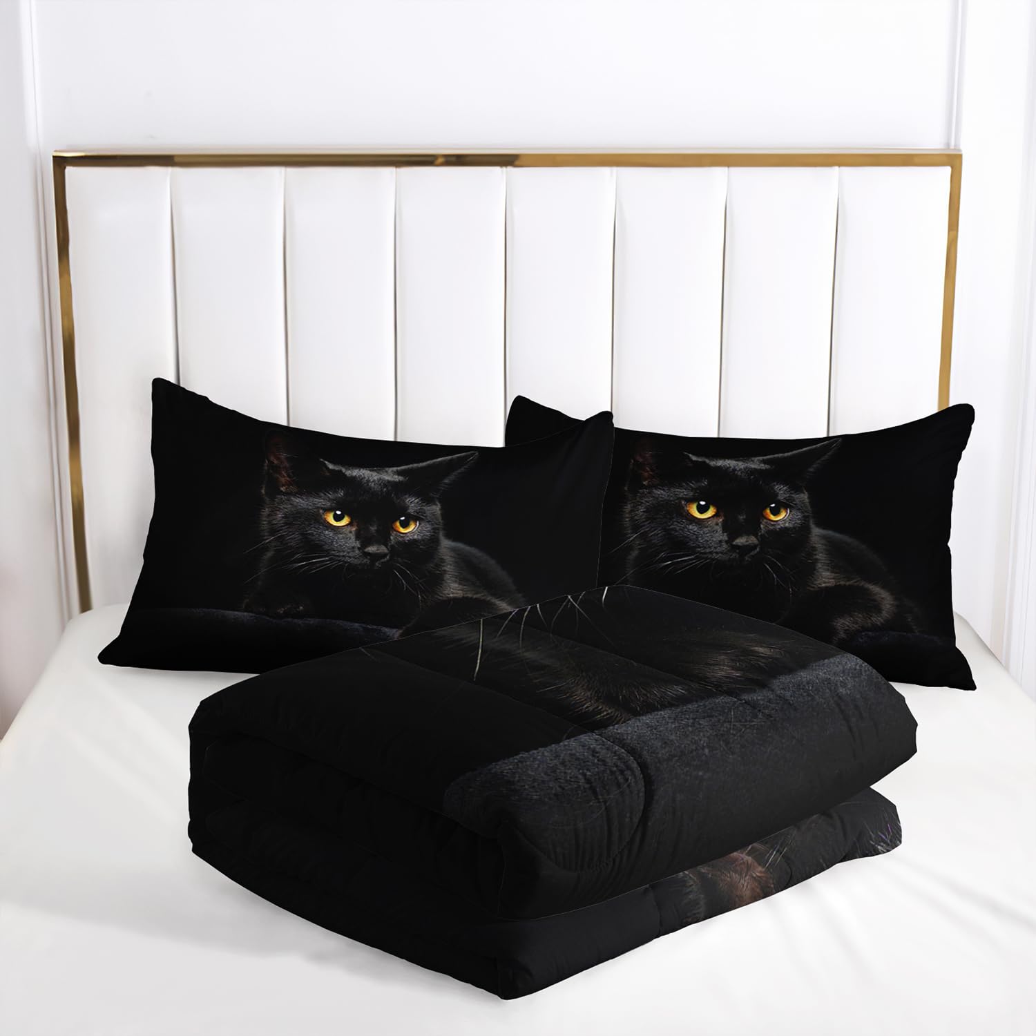 AILONEN 3D Black Cat Comforter Set Twin Size, Hidden Black Cat Bedding Set for Children Boys Girls,Black Theme Bed in a Bag,Soft Microfiber,1 Quilt and 2 Pillowcases for All Season