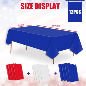 12 Pcs Plastic Tablecloths, Disposable Rectangle Red White Blue 54 x 108 Inch Waterproof Table Covers for 4th of July Patriotic Independence Memorial Veterans Day Party Decorations