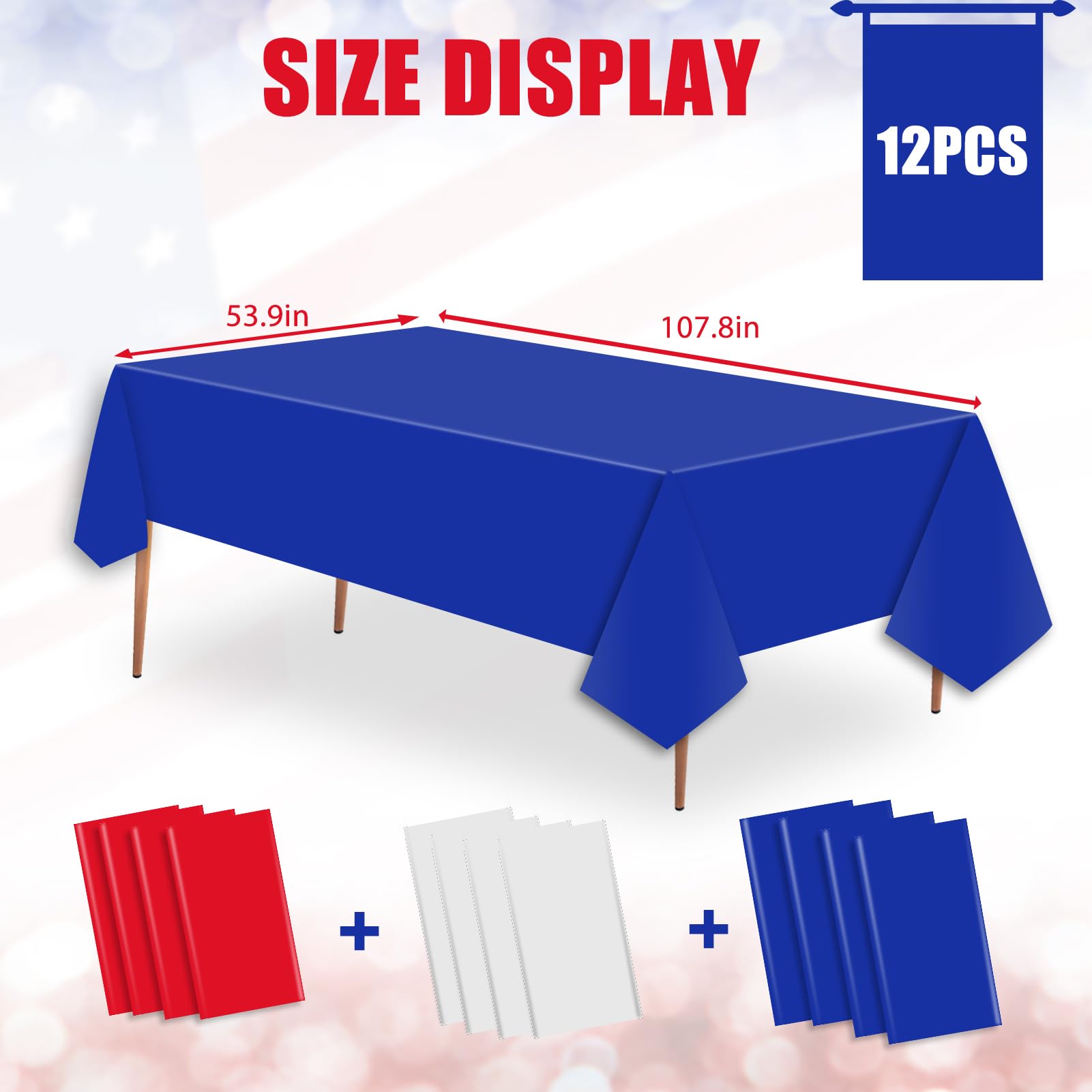 12 Pcs Plastic Tablecloths, Disposable Rectangle Red White Blue 54 x 108 Inch Waterproof Table Covers for 4th of July Patriotic Independence Memorial Veterans Day Party Decorations