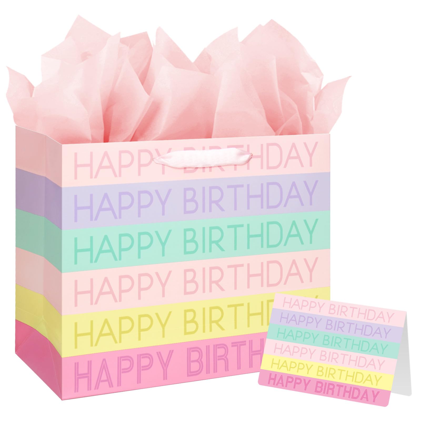 13" Large Happy Birthday Gift Bag with Tissue Paper, Card and Handles for Girls Women Kids Birthday Party (Colorful Stripes)