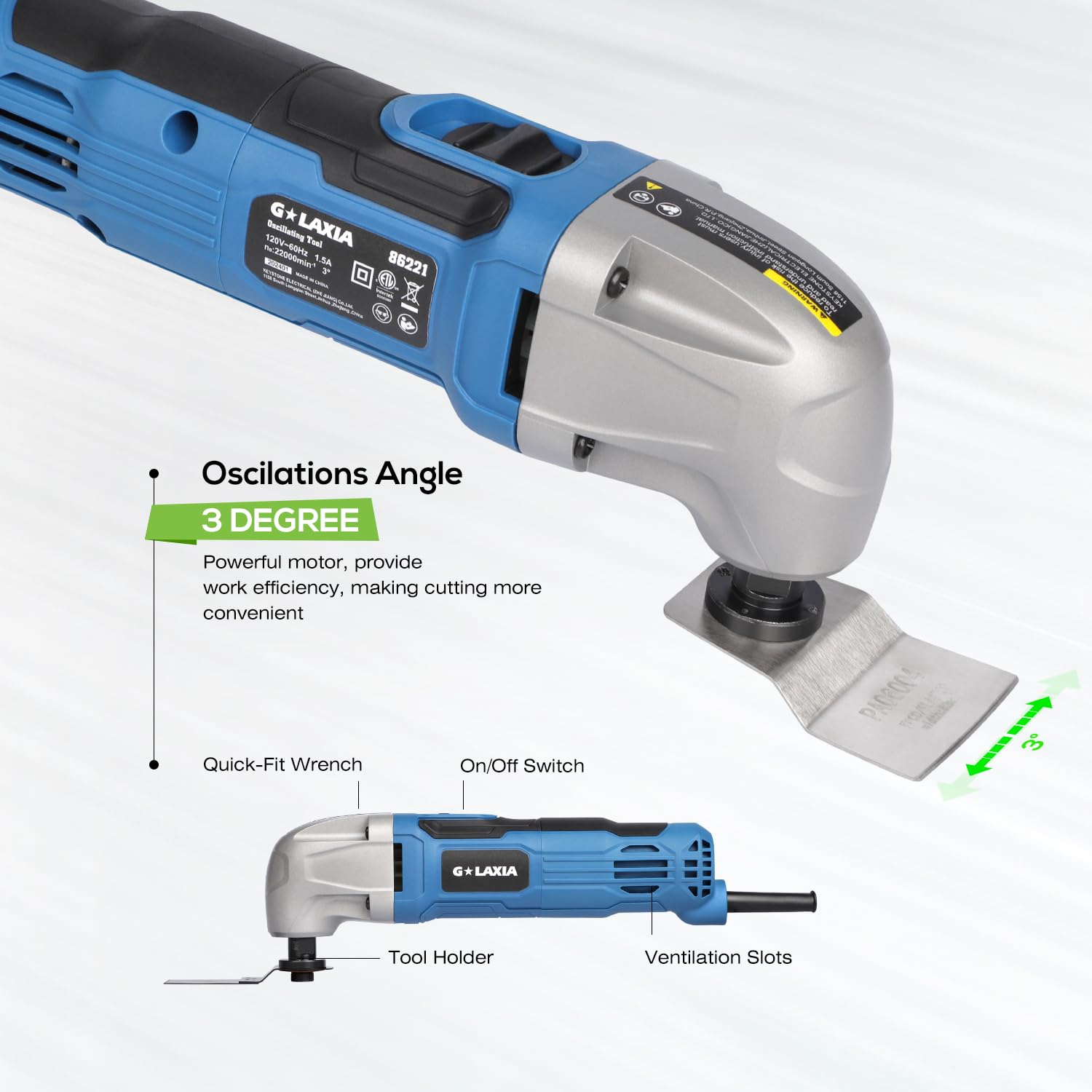 G LAXIA Oscillating Tool, 1.5A Oscillating Multi Tool with with 3° Oscillation Angle, 12 Piece Accessories Scraping, Grinding, Sanding, Cutting