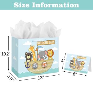 13" Large Baby Gift Bag with Card and Tissue Paper for Baby Shower,Kids Birthday (Animal)