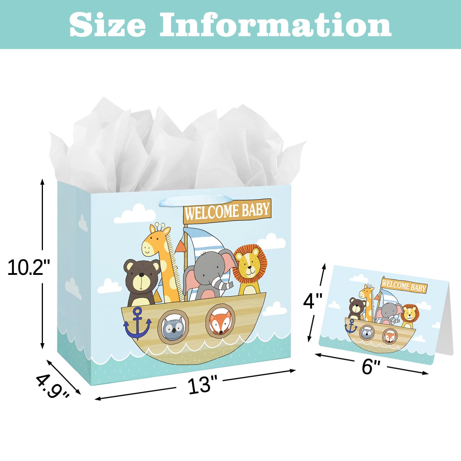 13" Large Baby Gift Bag with Card and Tissue Paper for Baby Shower,Kids Birthday (Animal)