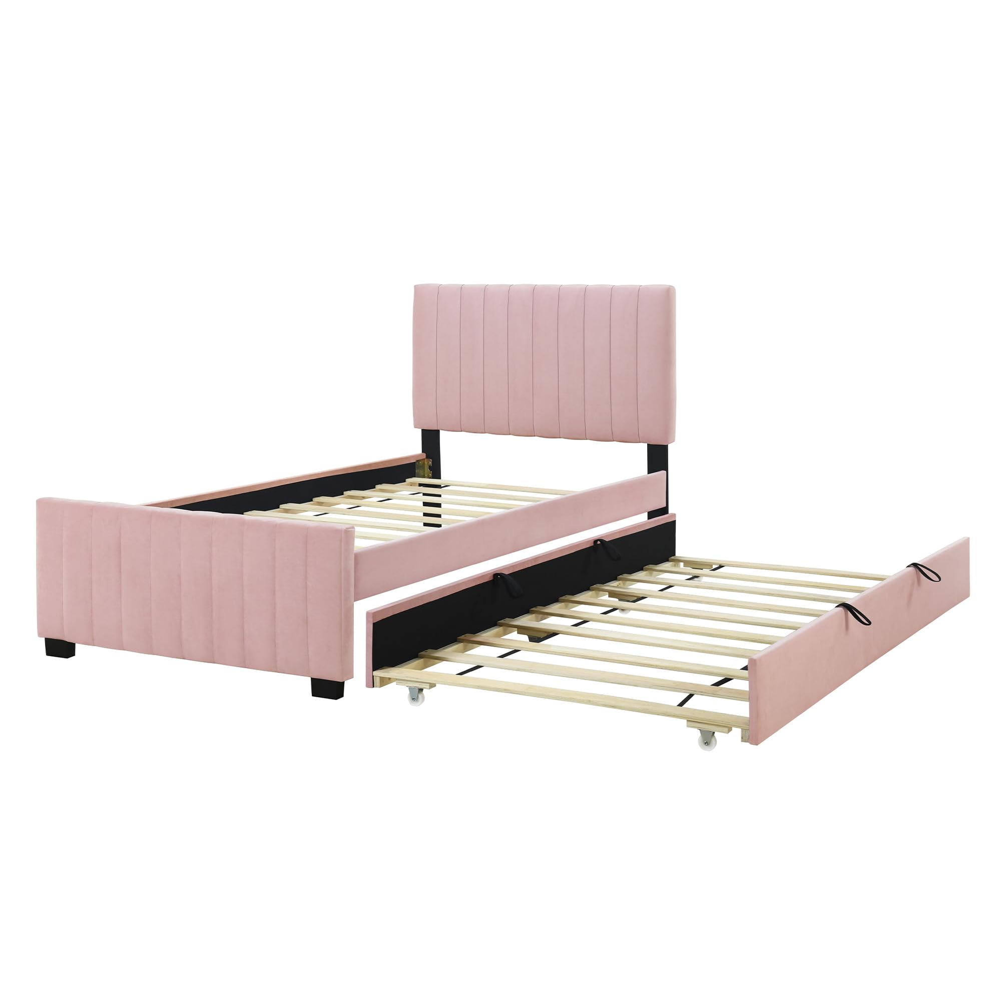 CITYLIGHT Upholstered Twin Bed with Trundle Bed Under,Velvet Twin Size Platform Bed with Headboard,Wood Twin Trundle Bed for Kids Girls Boys,No Box Spring Needed,Pink