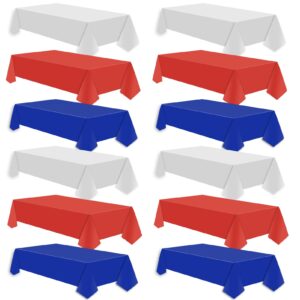 12 pcs plastic tablecloths, disposable rectangle red white blue 54 x 108 inch waterproof table covers for 4th of july patriotic independence memorial veterans day party decorations