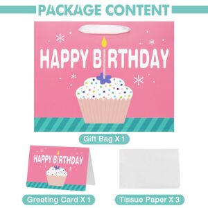 13" Large Happy Birthday Gift Bag with Tissue Paper and Card for Girls kids Birthday Party (Cupcake)