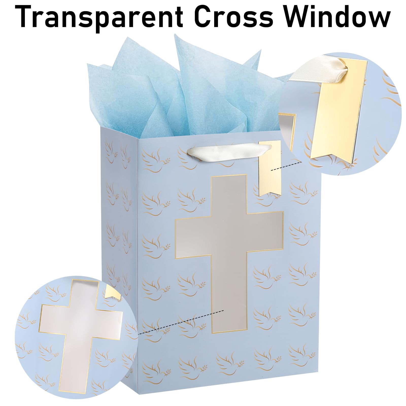 Sawnfay Blue Gift Bag - 10" x 5" x 13", for Baby Boy Baptism, Christening, First Communion, Religious Events, with Cross cut window Design and Tissue Paper