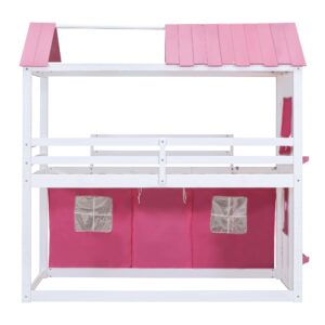 Harper & Bright Designs Full Over Full Bunk Beds for Kids,Wood Sweet Heart Novelty Bunk Bed with Elegant Windows, Sills and Tent,House Bunk Beds for Girls,Boys,Pink+White