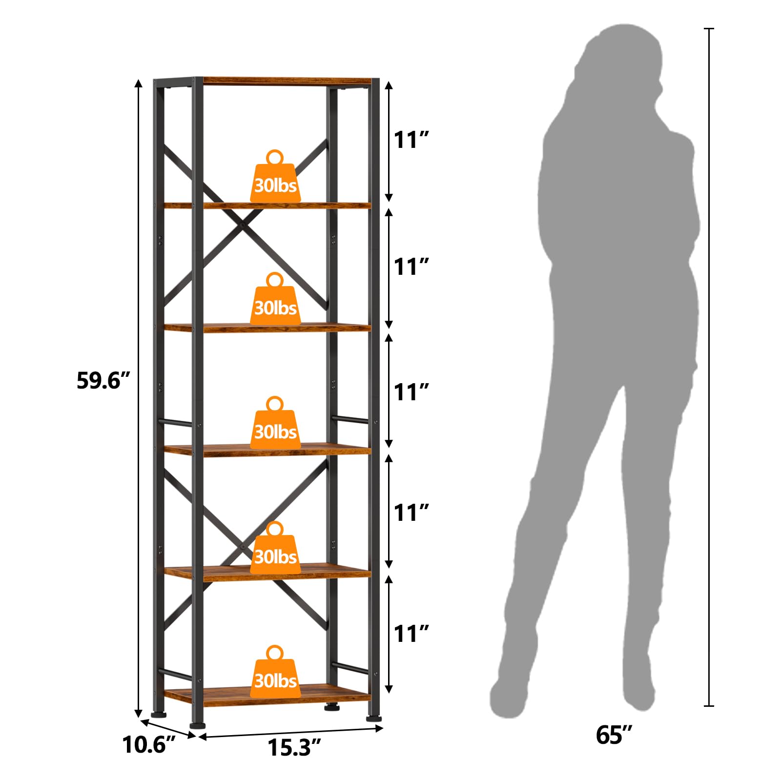 Furologee 6 Tier Tall Bookshelf, Industrial Narrow Bookcase, Display Standing Shelf Units, Metal and Wood Storage Rack Organizer for Living Room, Home Office, Entryway, Kitchen, Rustic Brown