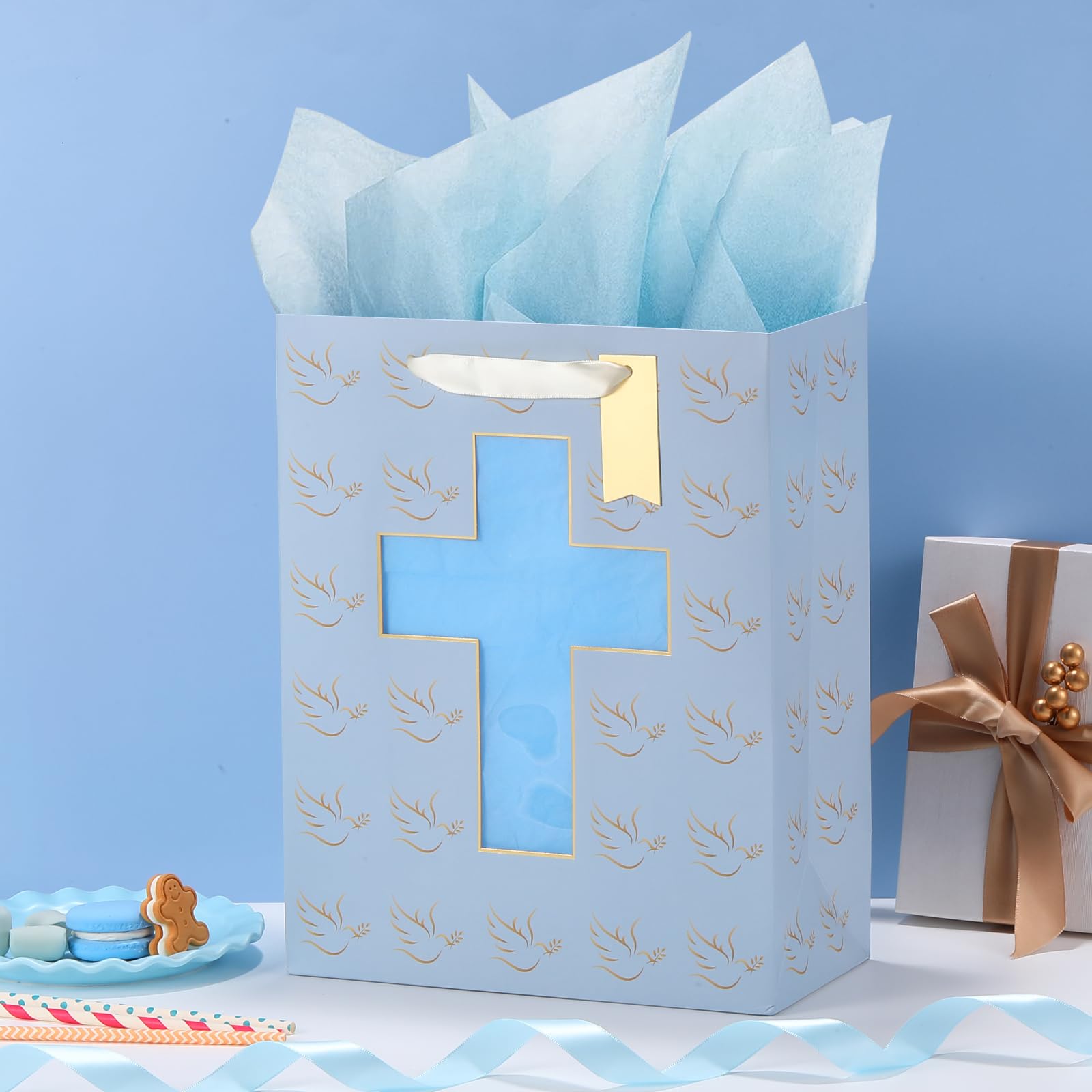 Sawnfay Blue Gift Bag - 10" x 5" x 13", for Baby Boy Baptism, Christening, First Communion, Religious Events, with Cross cut window Design and Tissue Paper