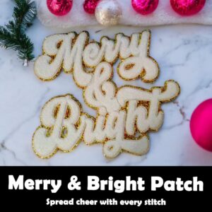 Merry & Bright- Iron On Patch- Pink Chenille Holiday Sweatshirt - Fuzzy Chenille Patch Alphabet Patch Glitter Christmas Patch Only DIY (White)