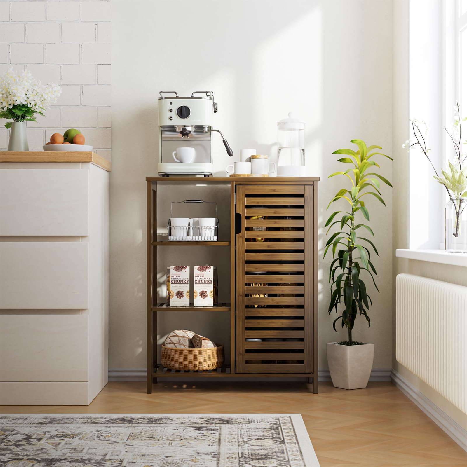 HITNET Bathroom Storage Cabinet Bamboo, Free Standing Floor Cabinet, Kitchen Cupboard Side Storage Organizer with Shutter Door and 3 Side Shelves, Walnut