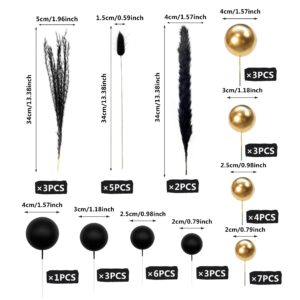 40 PCS Black Gold Cake Toppers Ball Cake Decoration Boho Bunny Tails Reed Grass Cake Decoration for Boho Wedding Birthday Baby Shower Party Cake Decoration Supplies