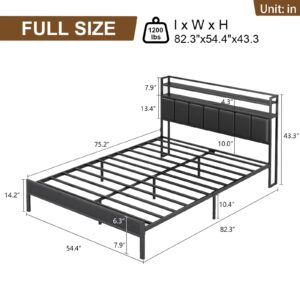 CollaredEagle Full Size Bed Frame with Headboard, Metal Bed Frame with Charging Station and LED Lights, Heavy Duty Bed with Storage Shelves,Noise Free(Black)