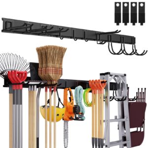 tool storage rack wall mount, 64 inch adjustable garden tool organizer, heavy duty garage wall organizer rack, yard tool organizer system for rake shovel broom mop wall holder