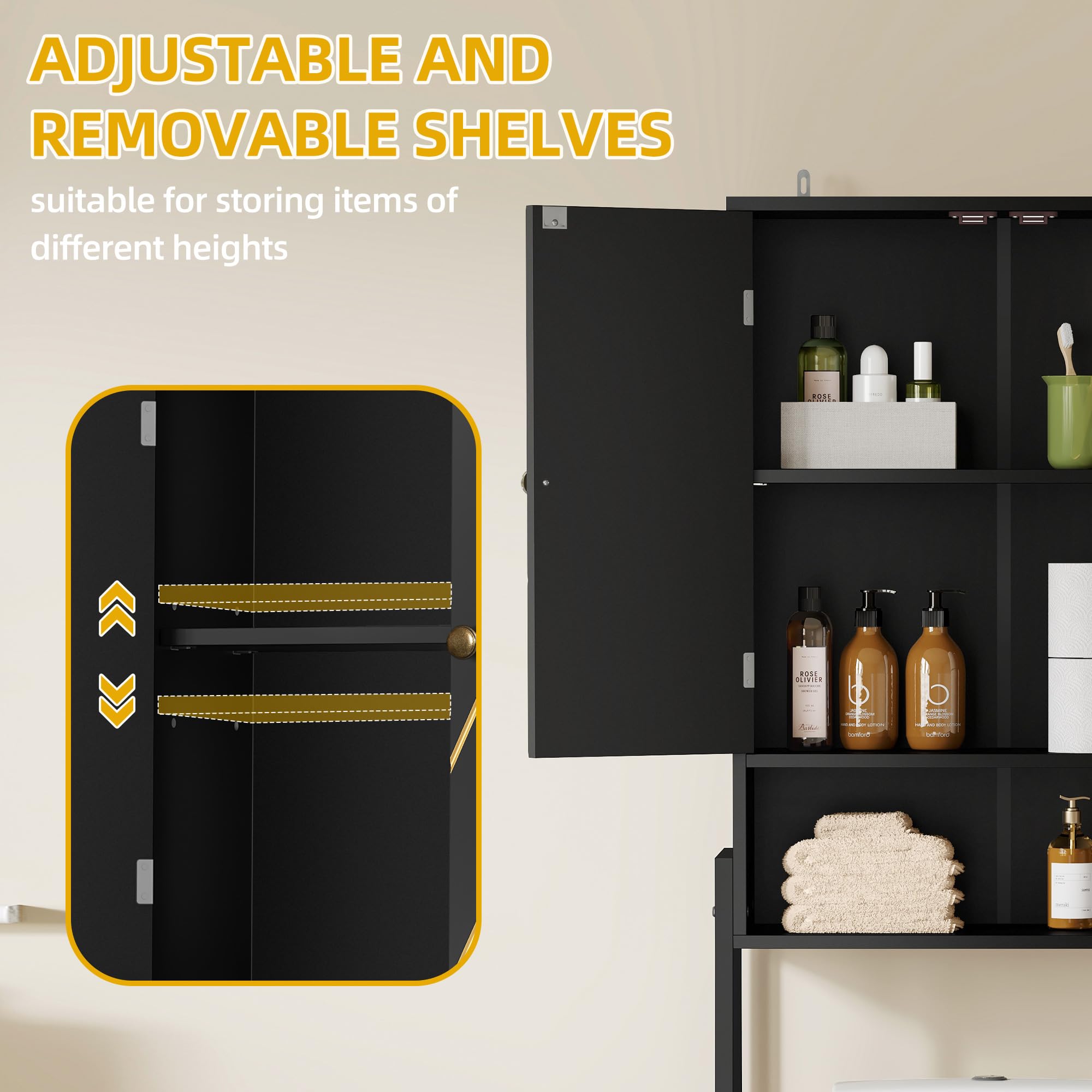 YITAHOME Over The Toilet Cabinet, Toilet Cabinet for Bathroom Above Toilet Storage with Open Storage Rack, Tissue Reel and Hooks Over The Toilet Organizer for Bathroom, Laundry, Black