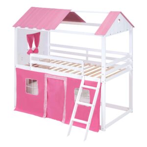 Harper & Bright Designs Full Over Full Bunk Beds for Kids,Wood Sweet Heart Novelty Bunk Bed with Elegant Windows, Sills and Tent,House Bunk Beds for Girls,Boys,Pink+White