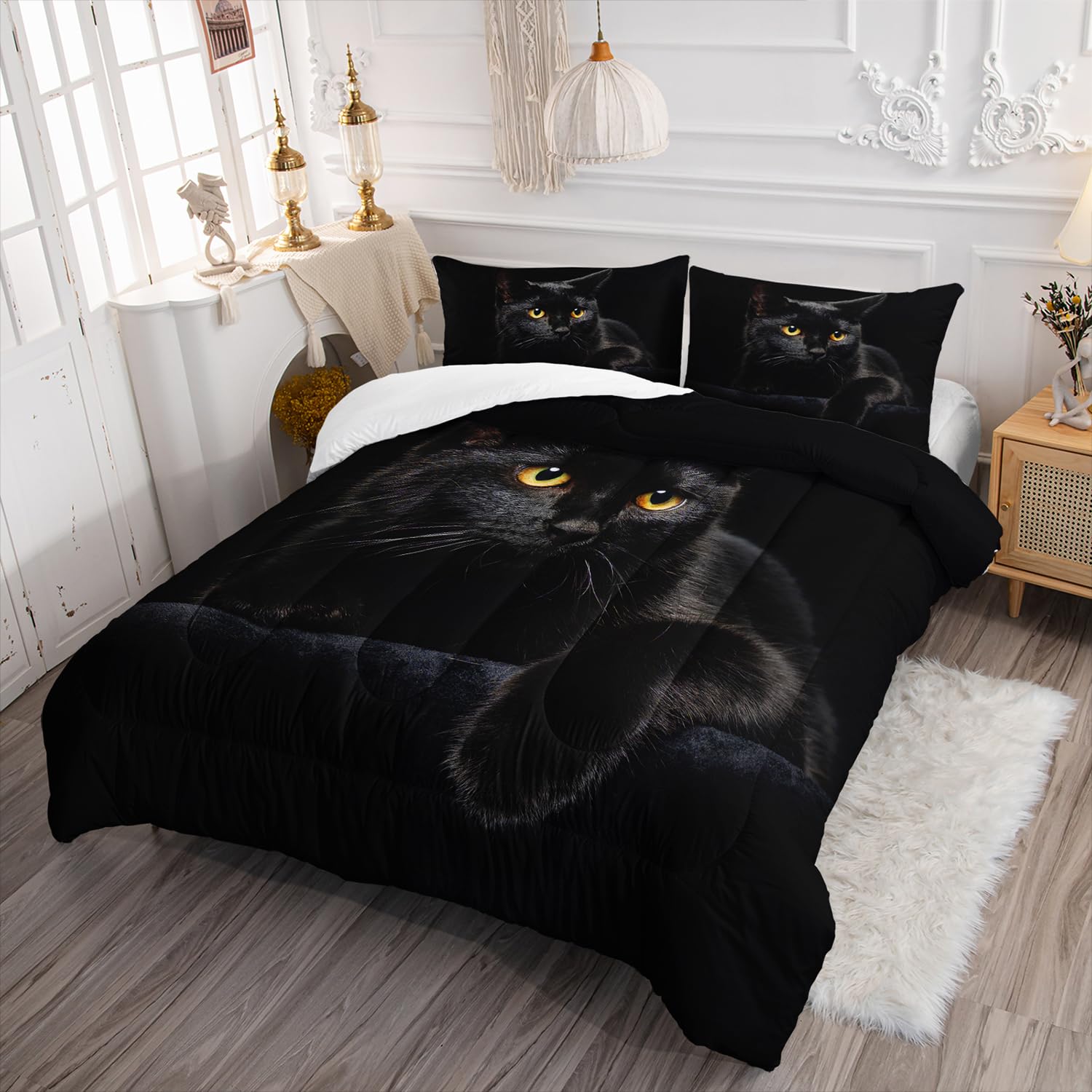 AILONEN 3D Black Cat Comforter Set Twin Size, Hidden Black Cat Bedding Set for Children Boys Girls,Black Theme Bed in a Bag,Soft Microfiber,1 Quilt and 2 Pillowcases for All Season