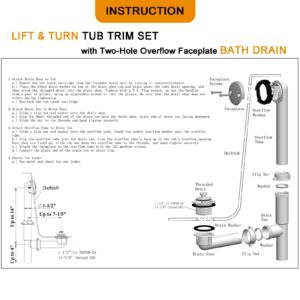 (1 Pack) Yariwiz 1-1/2" Polished Chrome Bathtub Tub Drain Kit Bath Waste Overflow Drain Tube Assembly with Universal Lift & Turn Bathtub Drain and Overflow Faceplate Polished Chrome