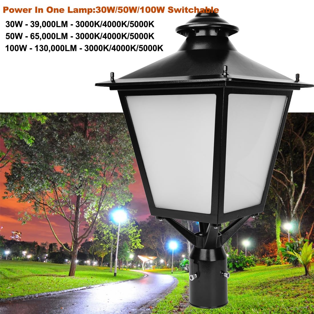 LED Top Pole Parking Lot Light, Commercial Area Street Lights AC100-277V, 30W-50W-100W Power Tunable,3000K-4000K-5000K CCT Color Tunable, IP65 Waterproof LED Post Top Lmap