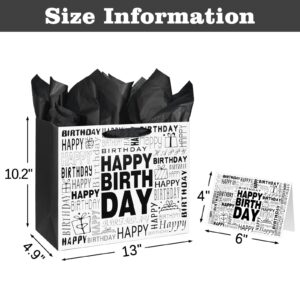 13" Large Black and White Happy Birthday Gift Bag with Tissue Paper and Card for Men Women Birthday