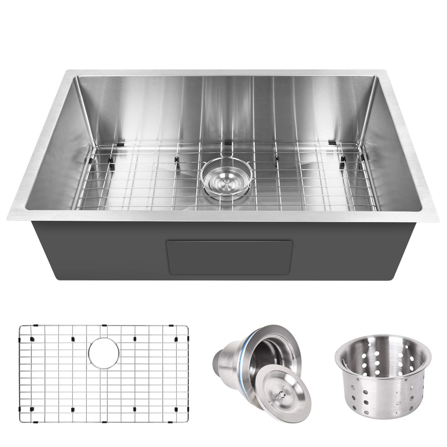 YSSOA 30-Inch Undermount Workstation Kitchen Sink, 20 Gauge Single Bowl Stainless Steel with Accessories (Pack of 3 Built-in Components), Silver