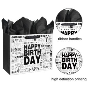 13" Large Black and White Happy Birthday Gift Bag with Tissue Paper and Card for Men Women Birthday