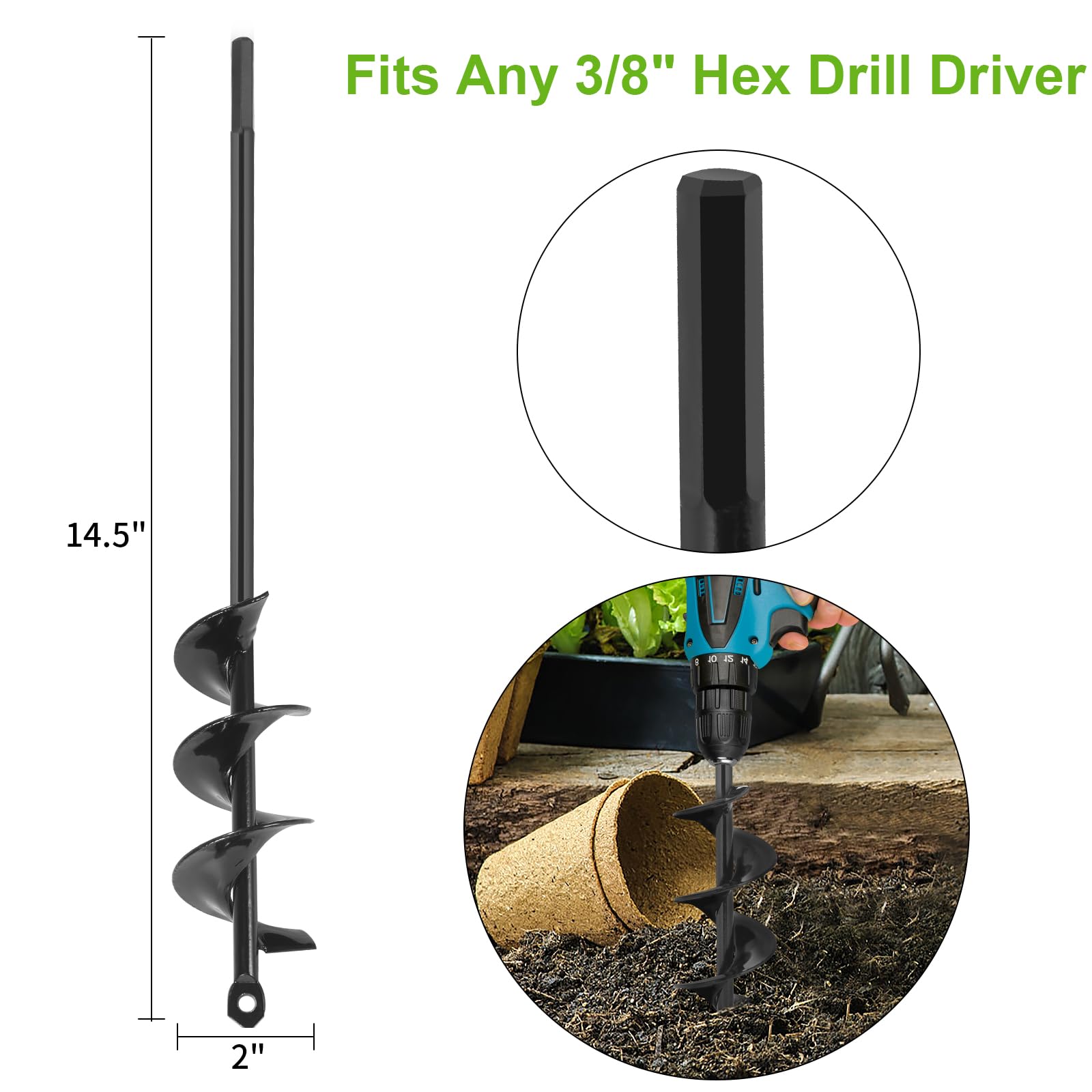 Auger Drill Bit for Planting 2 x 14.5 Inch, Garden Auger Spiral Drill Bit for 3/8" Hex Drive Drill, Earth Post Hole Digger Bulb Planter Plant Flower Planting Auger for Drill Rapid Bedding Digging