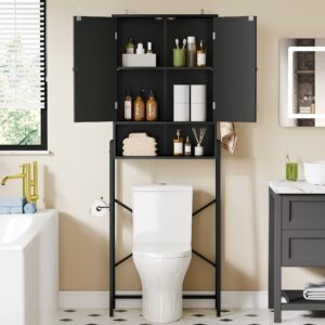 YITAHOME Over The Toilet Cabinet, Toilet Cabinet for Bathroom Above Toilet Storage with Open Storage Rack, Tissue Reel and Hooks Over The Toilet Organizer for Bathroom, Laundry, Black