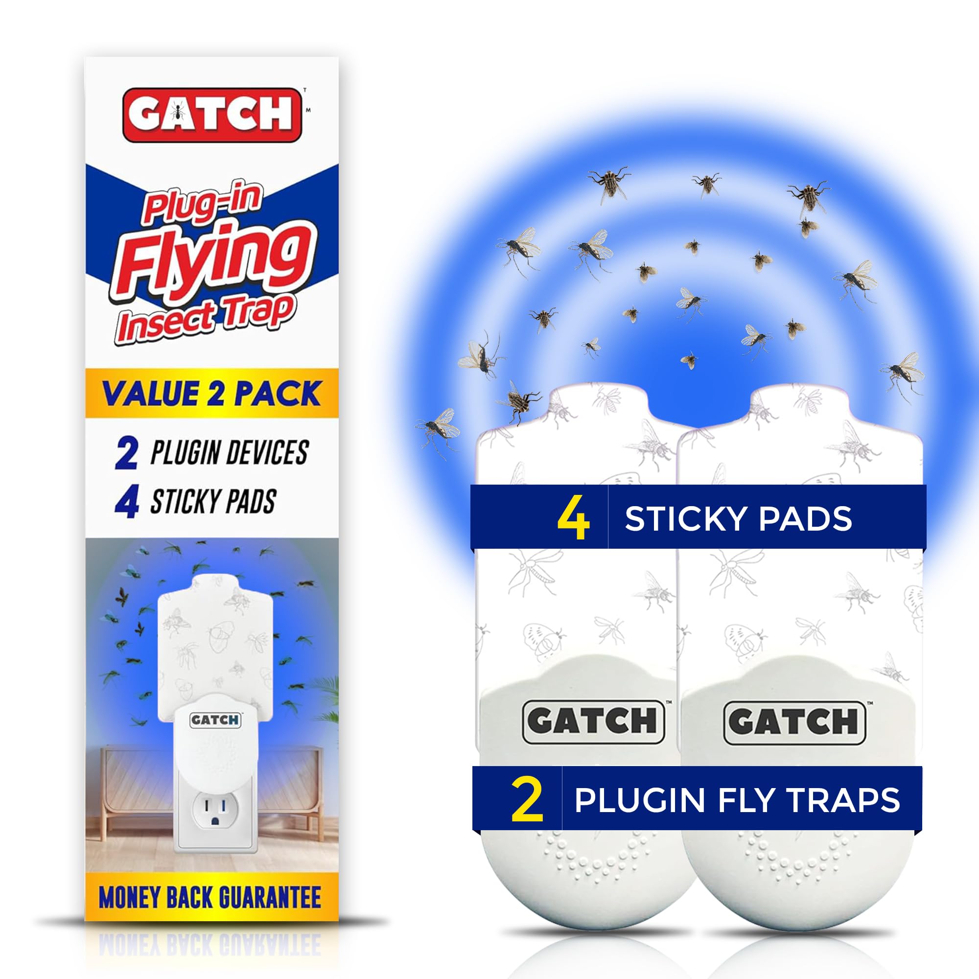 GATCH Flying Insect Trap Mosquito Killer Indoor, Fruit Fly Trap (2 Plug-in Bases + 4 Sticky Pads) Gnat Moth Catcher Fly Tapper with Night Light UV Attractant Catcher for Home Office White