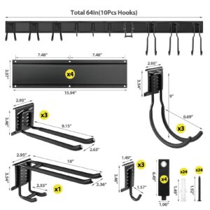 Tool Storage Rack Wall Mount, 64 Inch Adjustable Garden Tool Organizer, Heavy Duty Garage Wall Organizer Rack, Yard Tool Organizer System for Rake Shovel Broom Mop Wall Holder