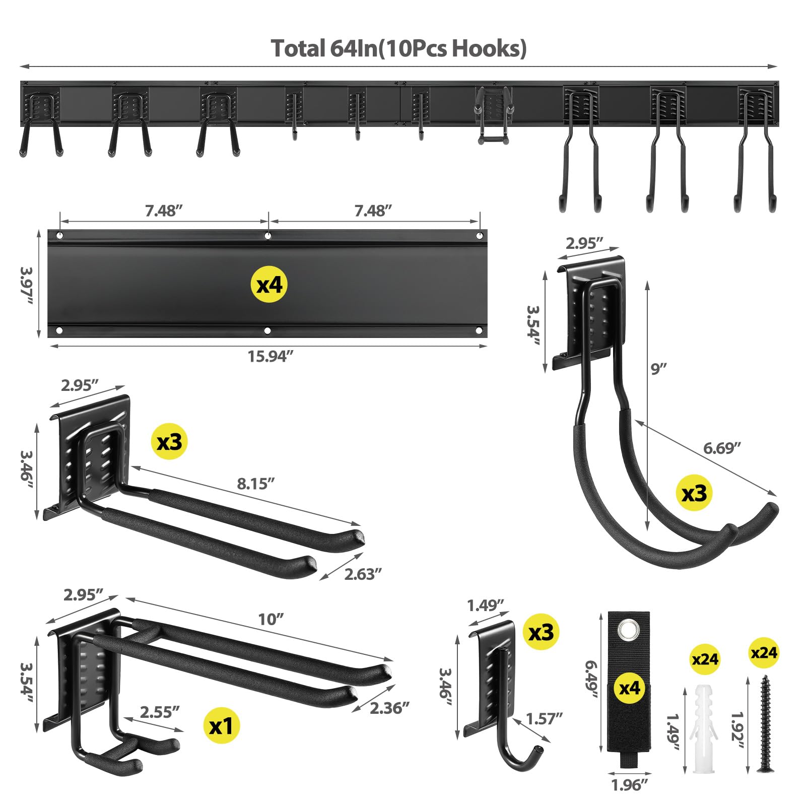 Tool Storage Rack Wall Mount, 64 Inch Adjustable Garden Tool Organizer, Heavy Duty Garage Wall Organizer Rack, Yard Tool Organizer System for Rake Shovel Broom Mop Wall Holder