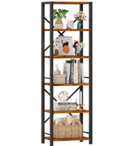 furologee 6 tier tall bookshelf, industrial narrow bookcase, display standing shelf units, metal and wood storage rack organizer for living room, home office, entryway, kitchen, rustic brown