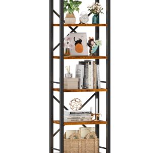 Furologee 6 Tier Tall Bookshelf, Industrial Narrow Bookcase, Display Standing Shelf Units, Metal and Wood Storage Rack Organizer for Living Room, Home Office, Entryway, Kitchen, Rustic Brown