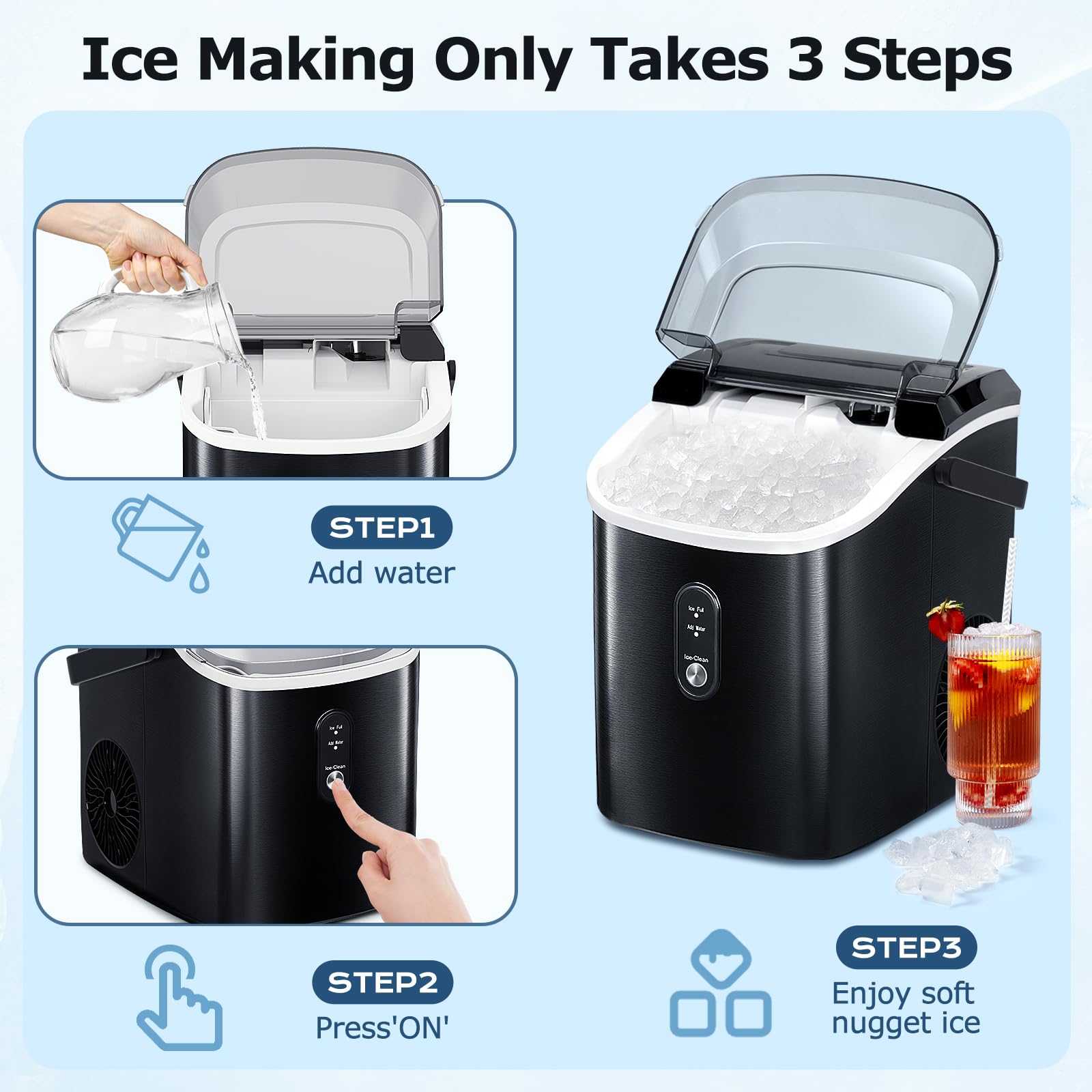 ZAFRO Nugget Ice Maker Countertop with Handle, Stainless Steel ice Machine with Self-Cleaning, 35.5Lbs/24Hrs, Chewable Ice Cubes, with Ice Basket/Ice Scoop for Home/Office/Bar/Party, Black