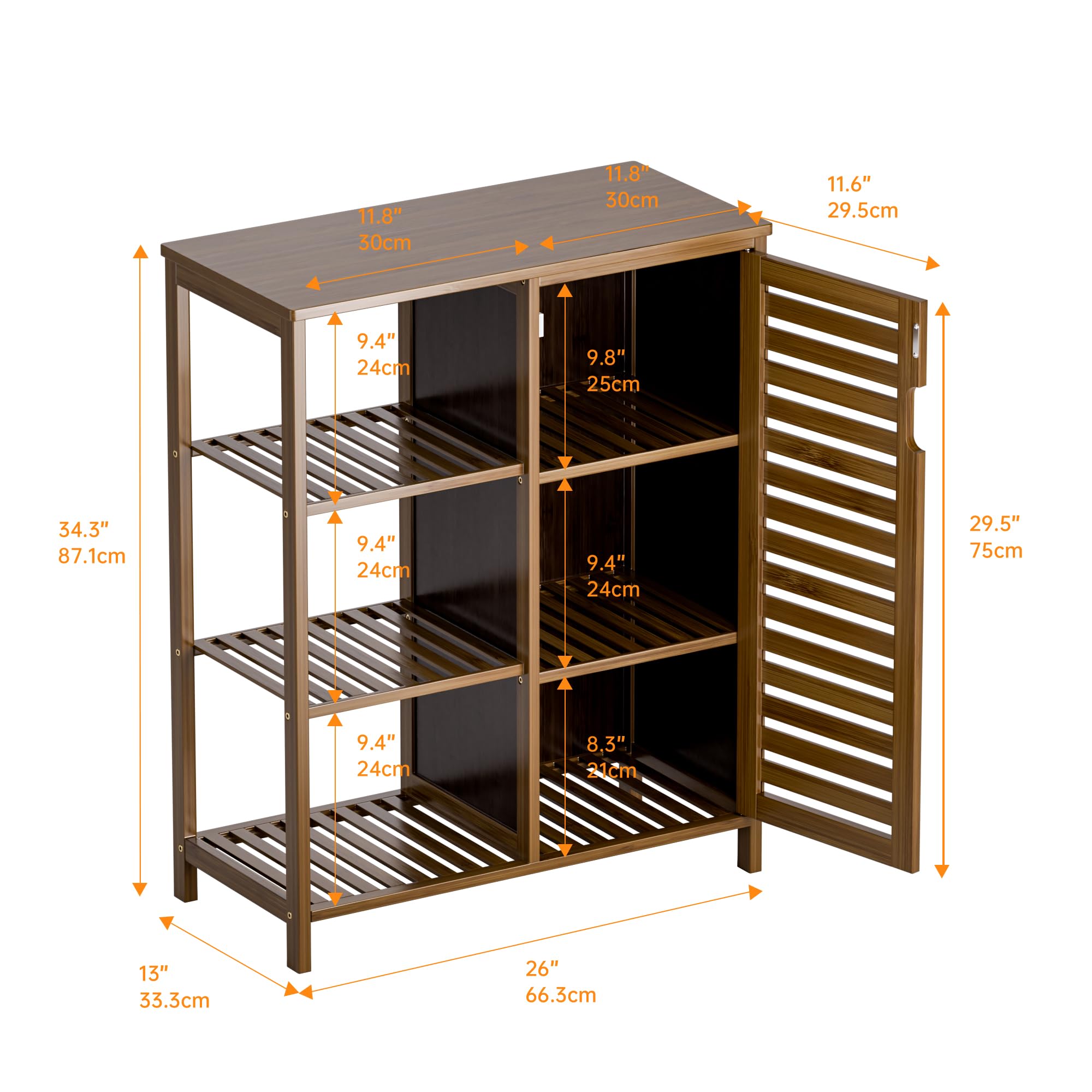 HITNET Bathroom Storage Cabinet Bamboo, Free Standing Floor Cabinet, Kitchen Cupboard Side Storage Organizer with Shutter Door and 3 Side Shelves, Walnut