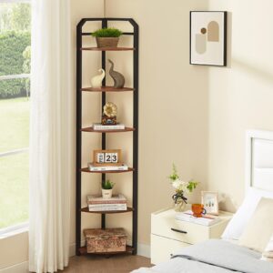 MNEETRUNG Corner Shelf, 6-Tier Industrial Corner Bookshelf, Freestanding Corner Shelf Stand with Metal Frame, Tall Corner Plant Stand for Small Space, Home Office, Living Room, Bedroom, Brown