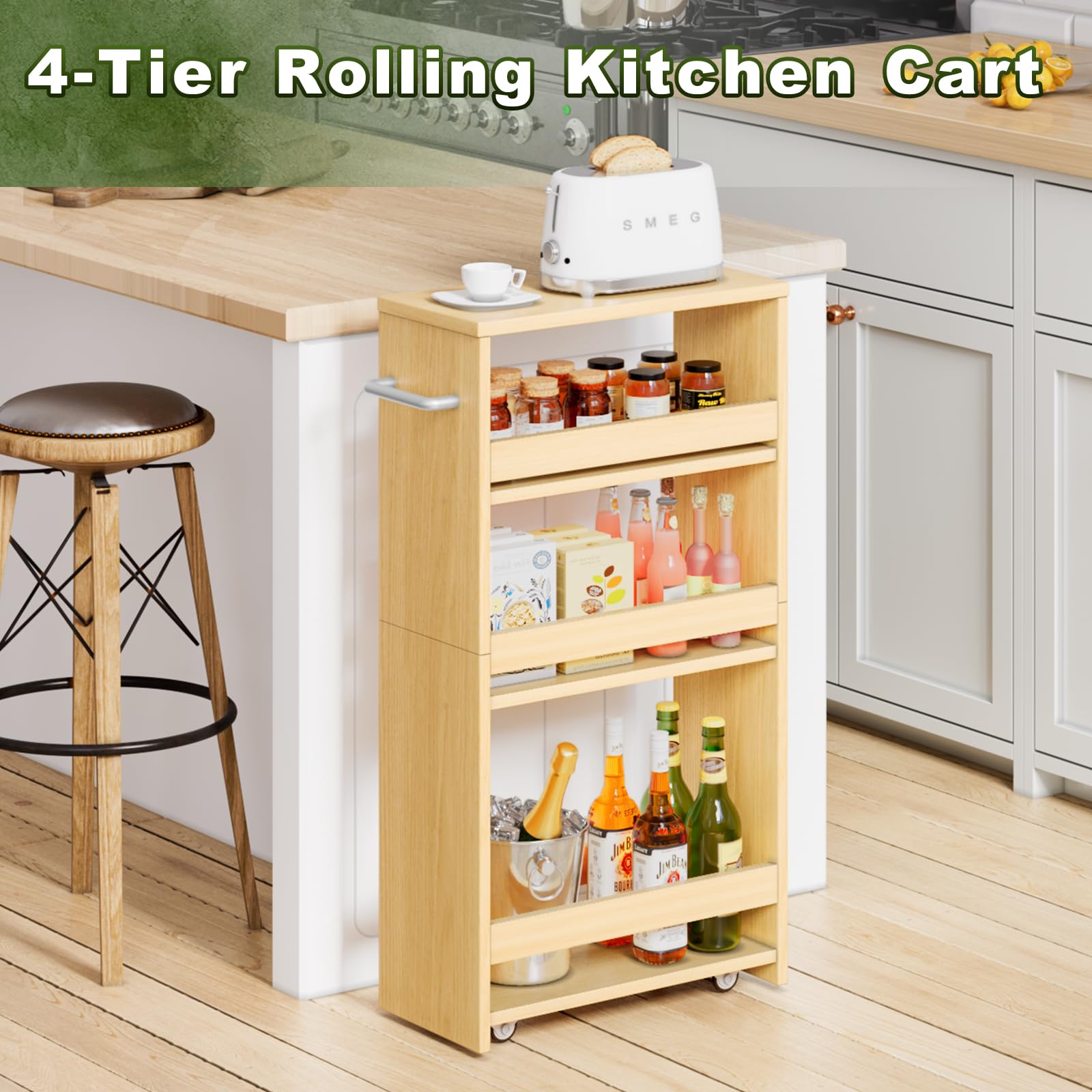 MARTY Rolling Storage Cart 7.9" W, 4-Tier Kitchen Cart with Wheels Handle, Slim Storage Cart Mobile Shelving Utility Carts for Bathroom Laundry Room Organization Narrow Places (Maple)